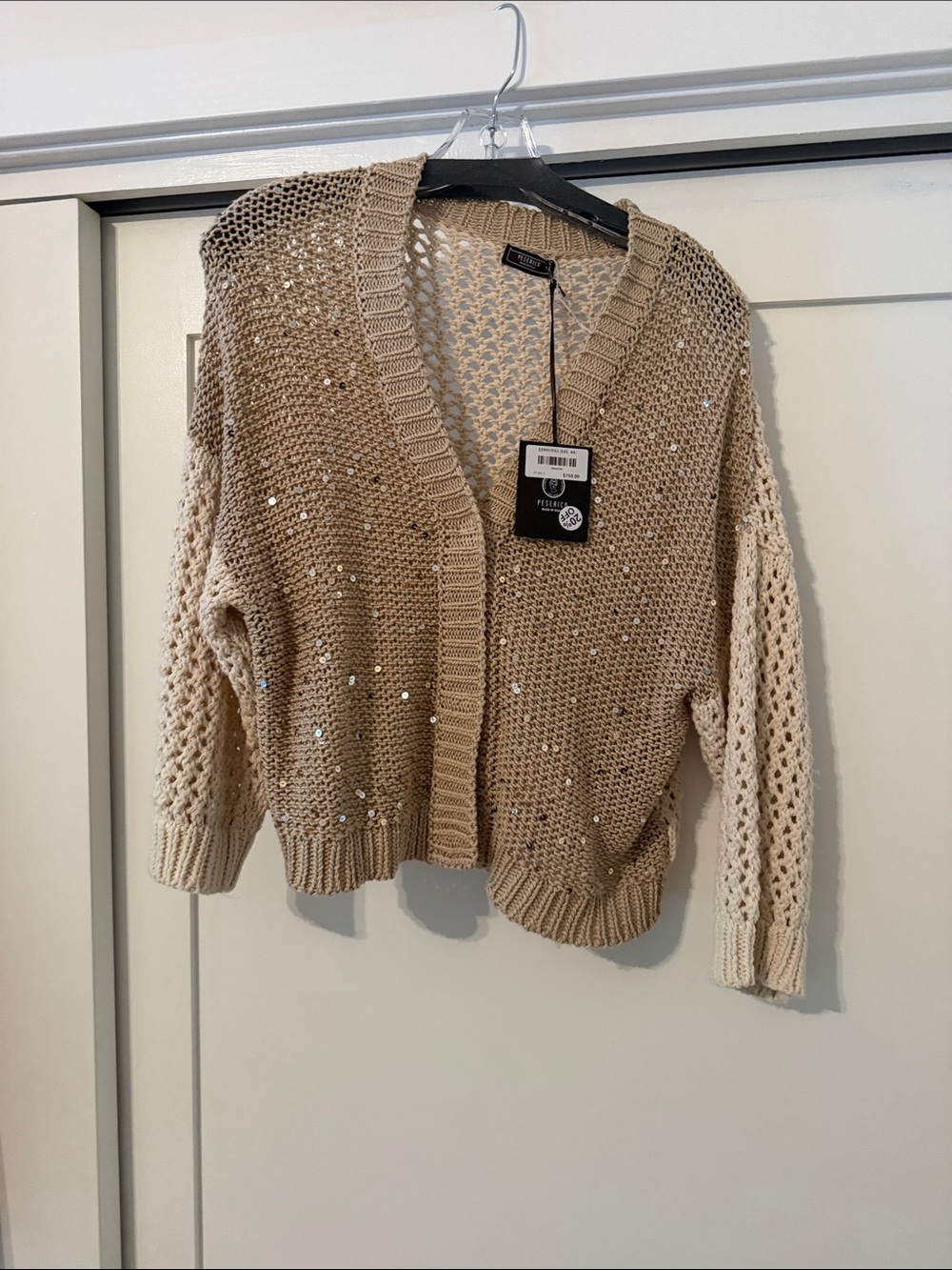 Peserico Beige Sequin Open-Knit V-Neck Cardigan